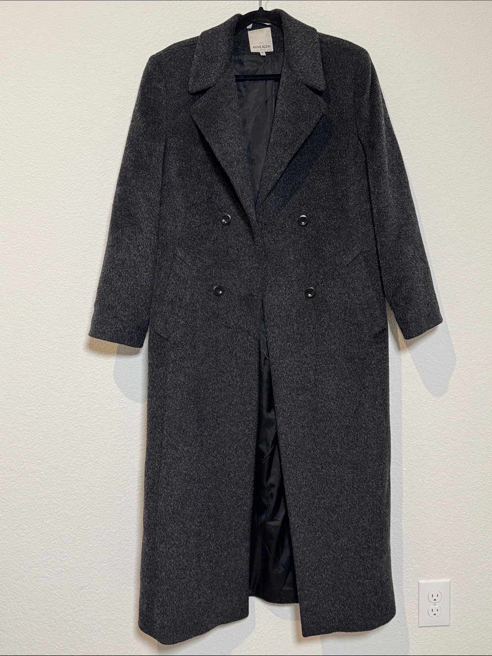 Anne Klein Vintage Textured Mohair Wool Blend Charcoal Double-Breasted Long Coat